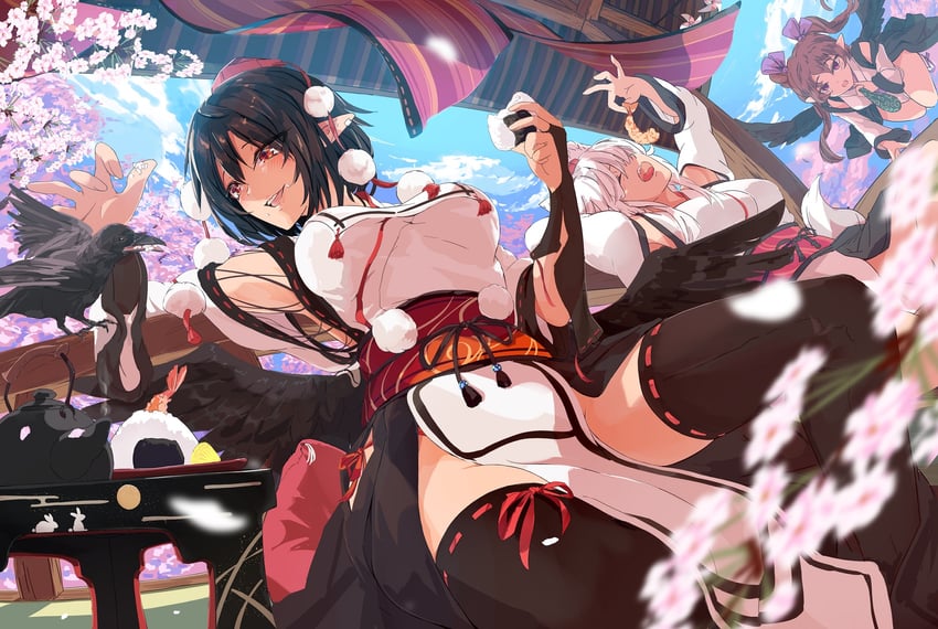 shameimaru aya, inubashiri momiji, and himekaidou hatate (touhou) drawn by kagami_toufu