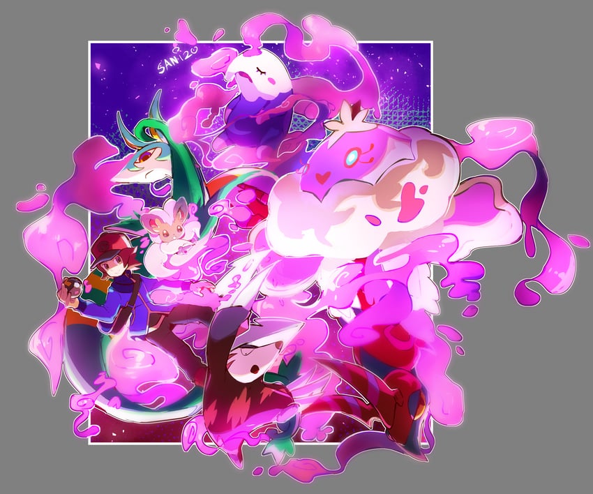 hilbert, serperior, scolipede, musharna, jellicent, and 2 more (pokemon and 1 more) drawn by sanikink