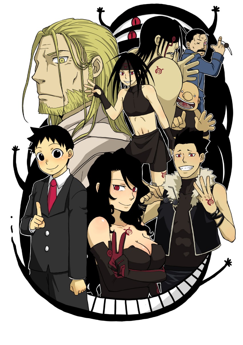 lust, greed, envy, pride, king bradley, and 4 more (fullmetal alchemist) drawn by nyo_(couch_tomato)