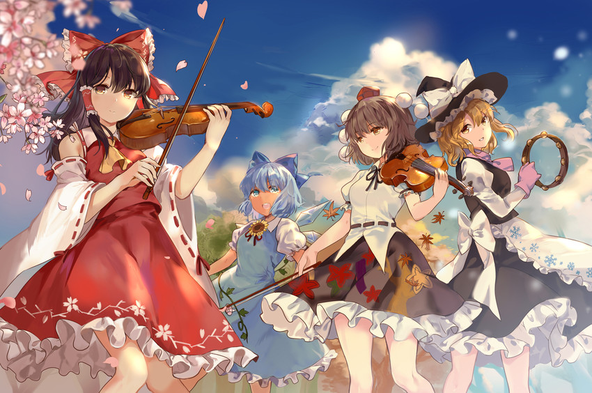 hakurei reimu, kirisame marisa, cirno, shameimaru aya, and tanned cirno (touhou and 2 more) drawn by kita_(kitairoha)