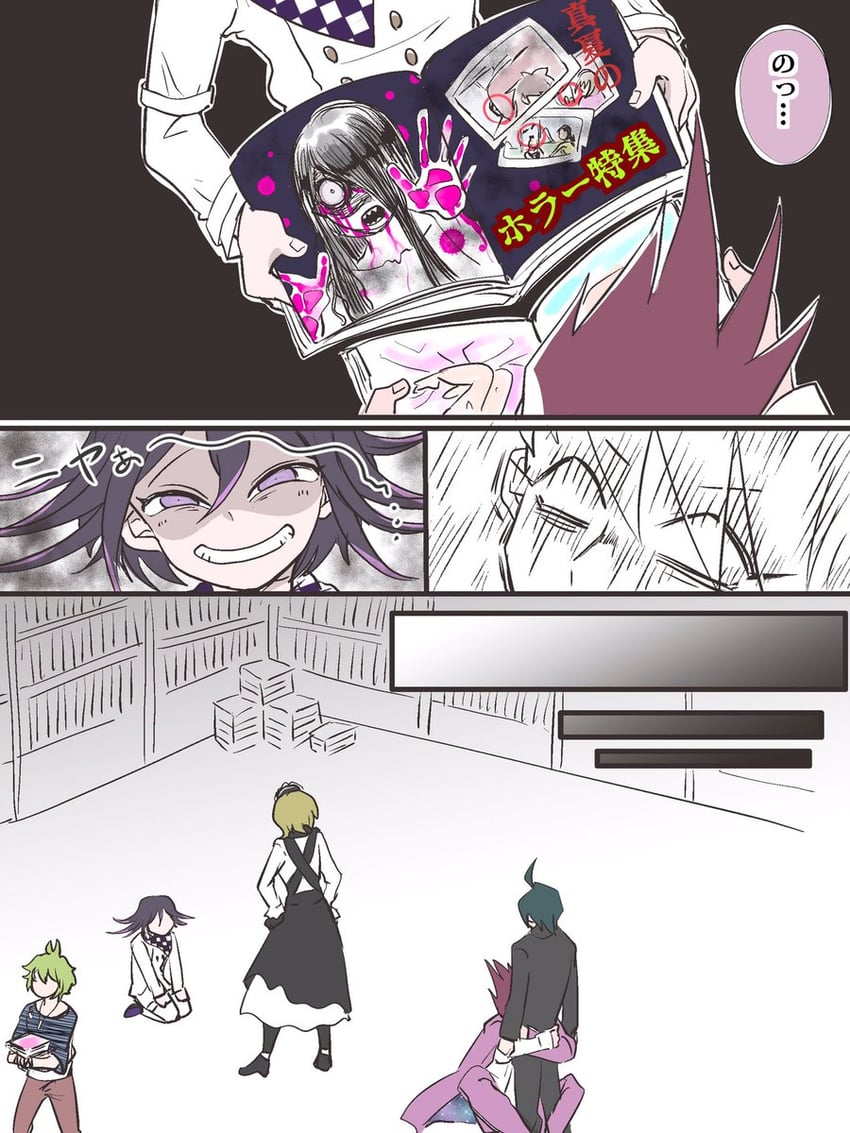 oma kokichi, saihara shuichi, momota kaito, amami rantaro, and tojo kirumi (danganronpa and 1 more) drawn by shachoo_(poco_poco)