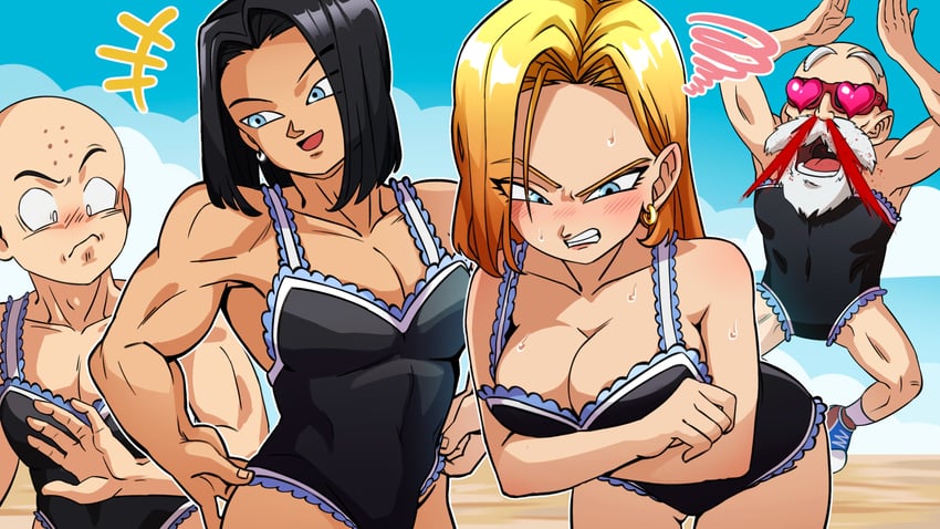 android 18, kuririn, muten roushi, and android 17 (dragon ball and 1 more) drawn by pea-bean