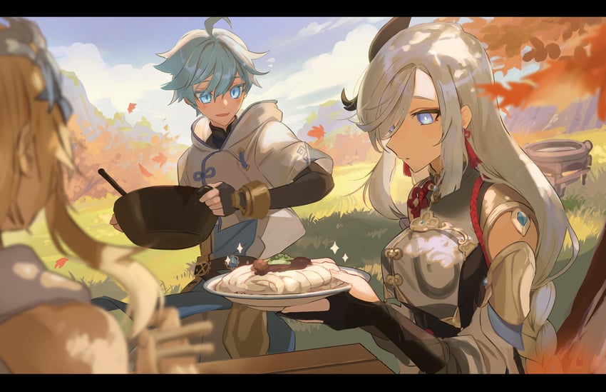 lumine, shenhe, and chongyun (genshin impact) drawn by c3t_gg