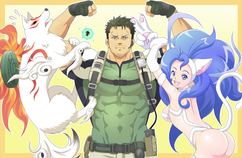 felicia, chris redfield, amaterasu, and issun (darkstalkers and 5 more) drawn by pochikoro