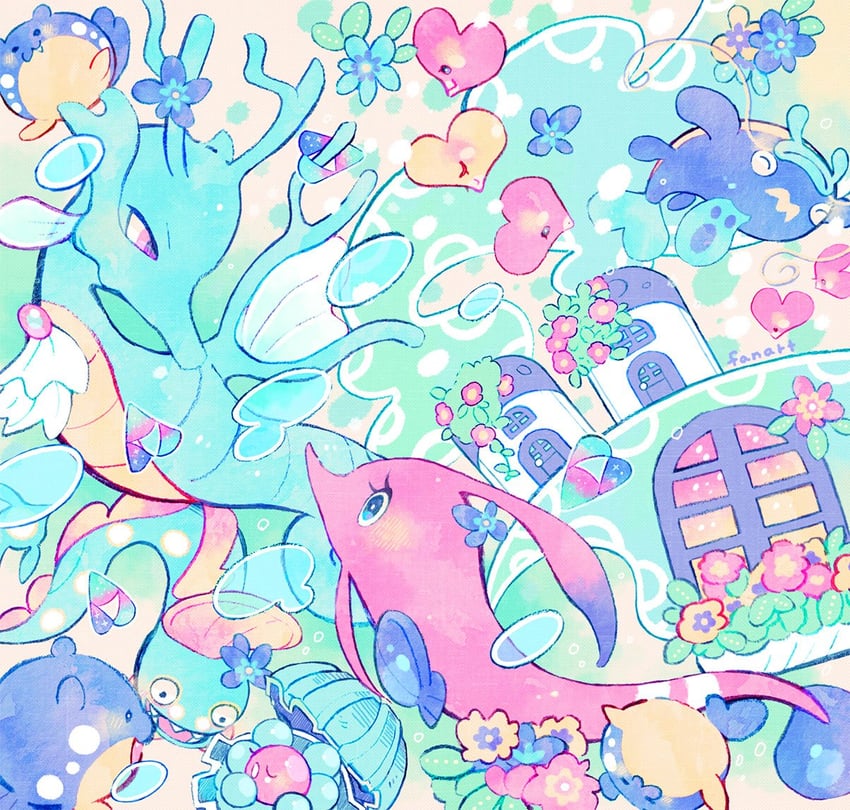 luvdisc, spheal, kingdra, gorebyss, clamperl, and 2 more (pokemon) drawn by kappaman