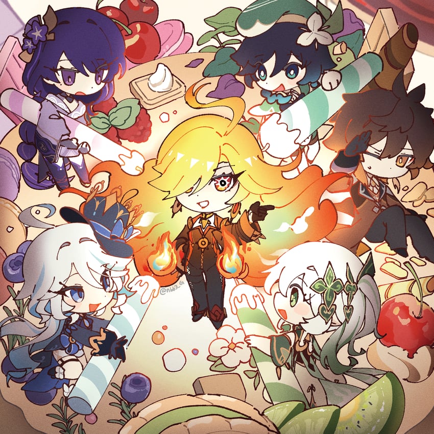 raiden shogun, furina, nahida, zhongli, venti, and 1 more (genshin impact) drawn by nbb3