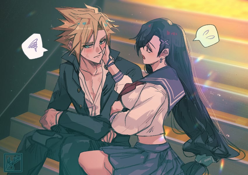 tifa lockhart and cloud strife (final fantasy and 2 more) drawn by miyukiko