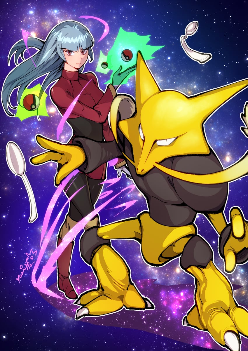 sabrina and alakazam (pokemon and 1 more) drawn by chienon