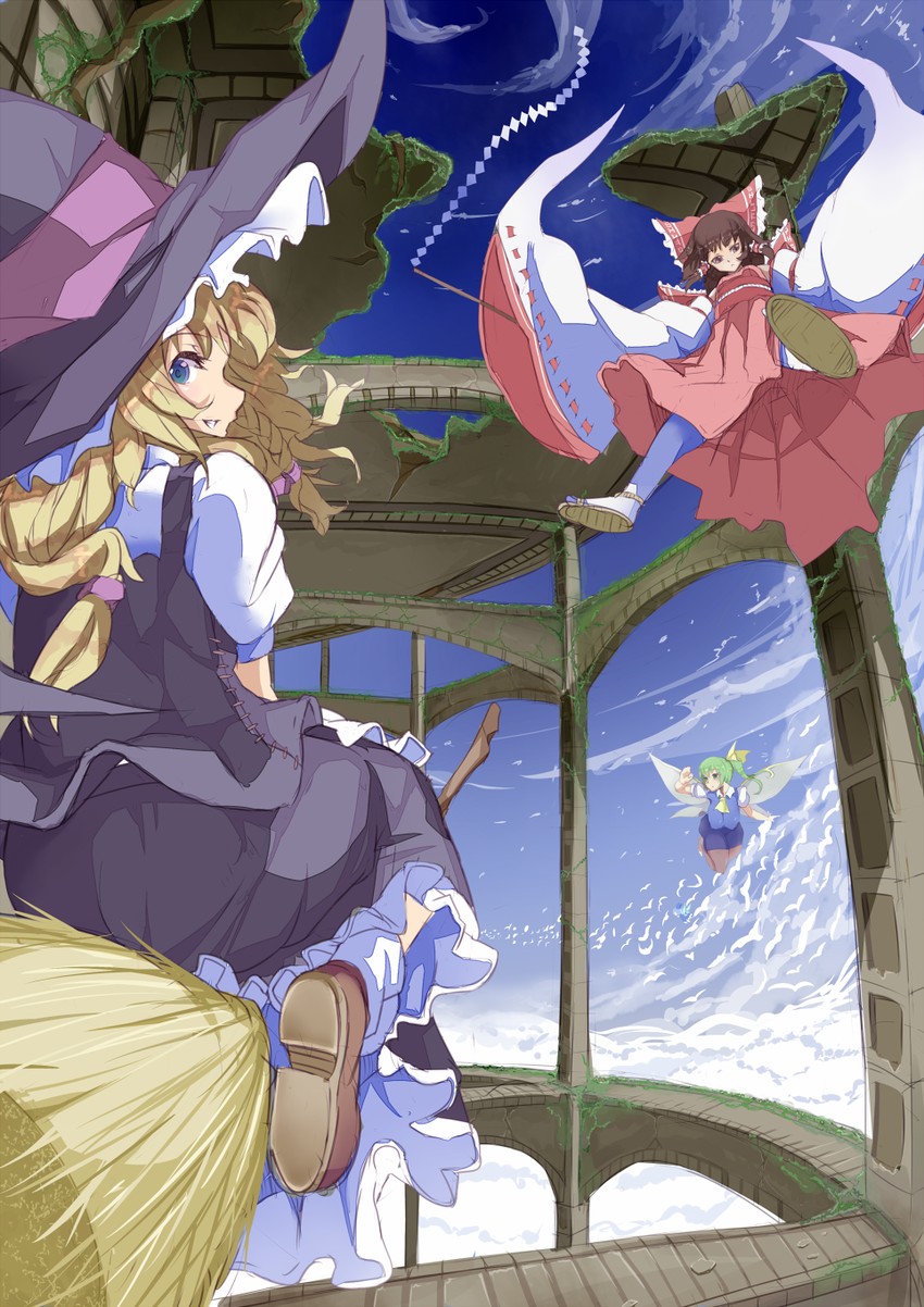hakurei reimu, kirisame marisa, cirno, and daiyousei (touhou) drawn by ginko_(nico)