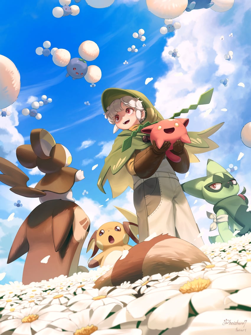 raichu, furret, jumpluff, and floragato (pokemon) drawn by hoishere7