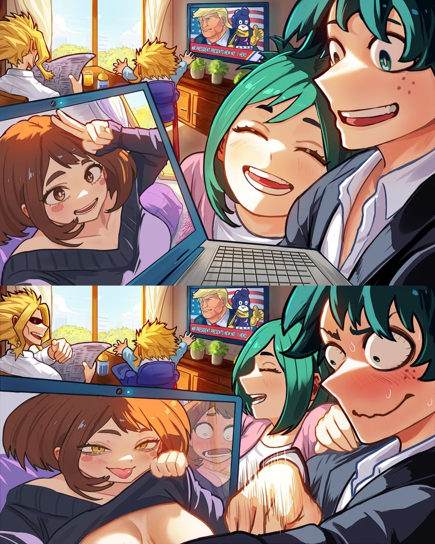 midoriya izuku, uraraka ochaco, toga himiko, mineta minoru, yagi toshinori, and 2 more (boku no hero academia and 1 more) drawn by vlizz
