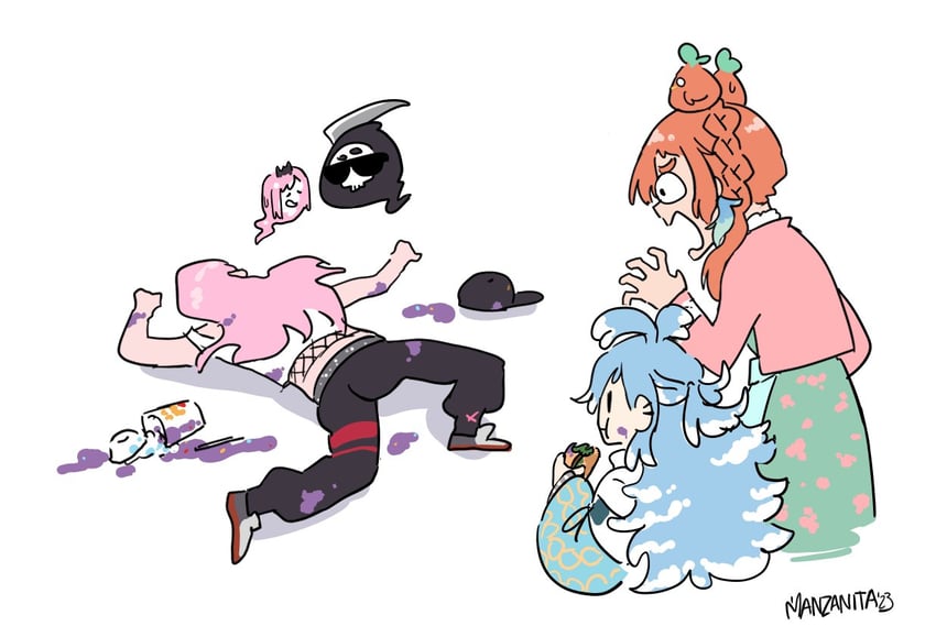 mori calliope, takanashi kiara, kobo kanaeru, and death-sensei (hololive and 2 more) drawn by crmanzana