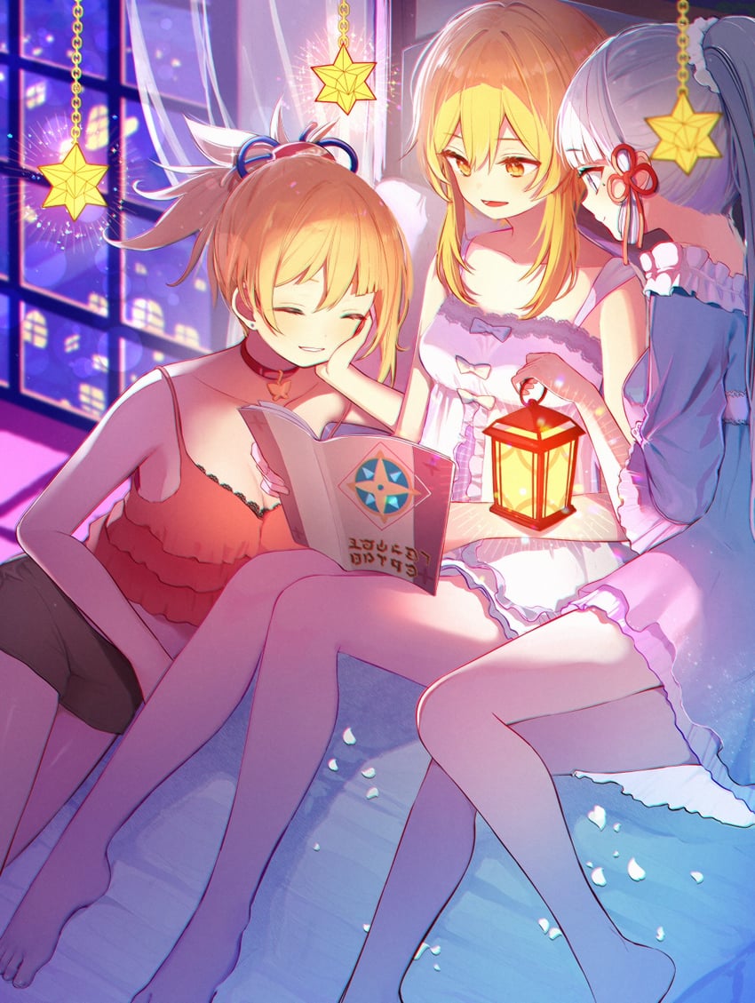 lumine, kamisato ayaka, and yoimiya (genshin impact) drawn by chiroron