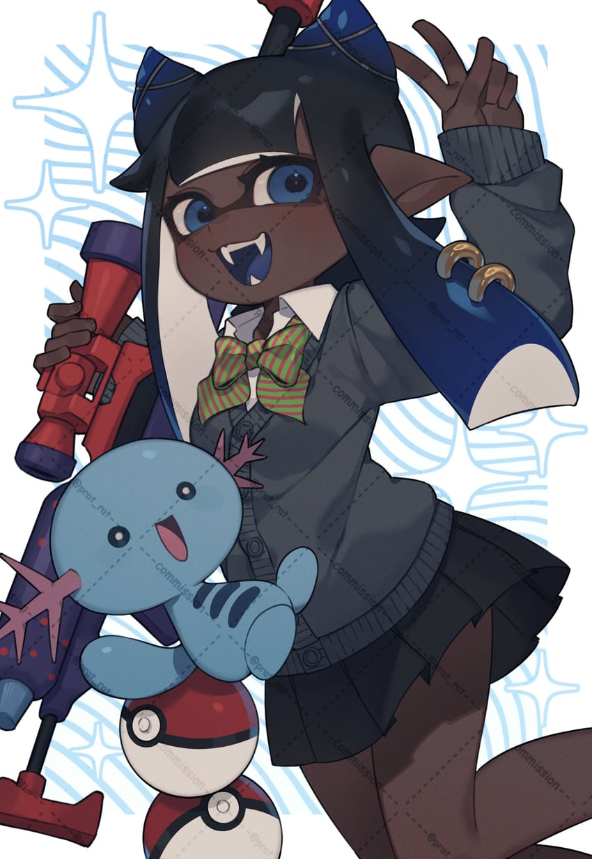 inkling player character, inkling girl, and wooper (pokemon and 1 more) drawn by prat_rat