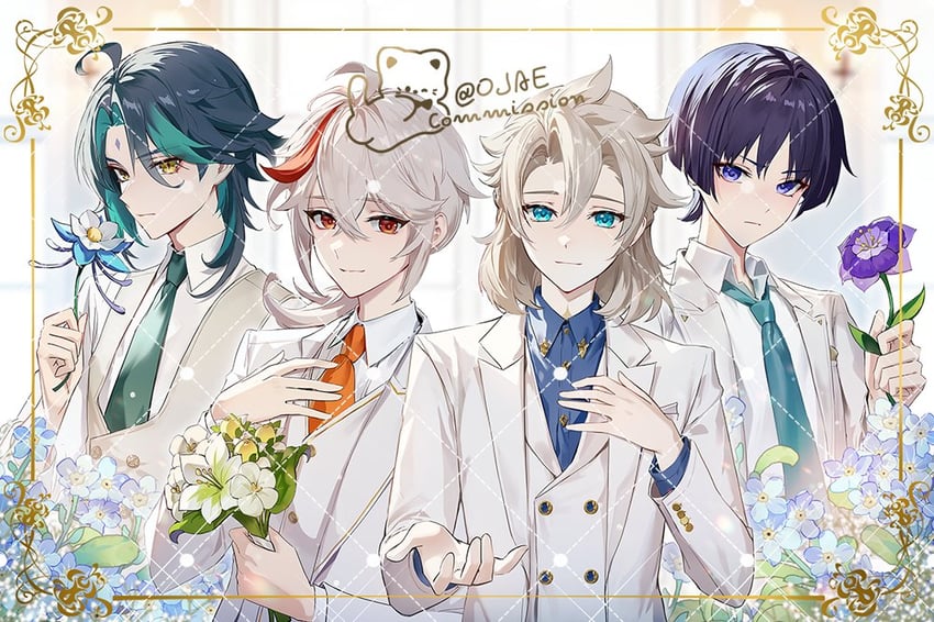 scaramouche, xiao, kaedehara kazuha, and albedo (genshin impact) drawn by 0jae