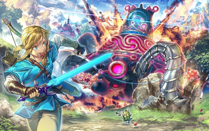 link, korok, and guardian (the legend of zelda and 1 more) drawn by zounose