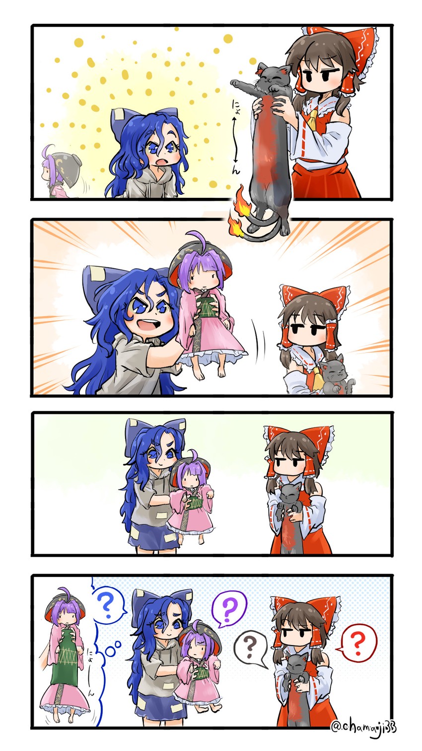 hakurei reimu, kaenbyou rin, sukuna shinmyoumaru, and yorigami shion (touhou) drawn by chamaji