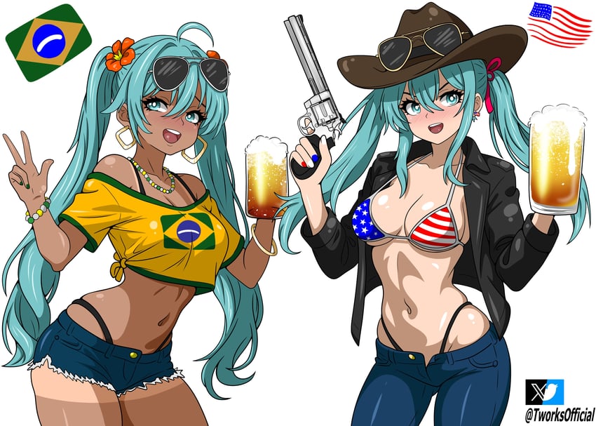 hatsune miku and brazilian miku (vocaloid) drawn by t-works