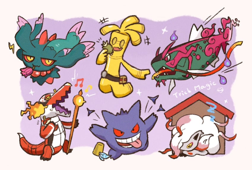 gengar, hisuian zoroark, flutter mane, skeledirge, gholdengo, and 2 more (pokemon) drawn by oawa_oo