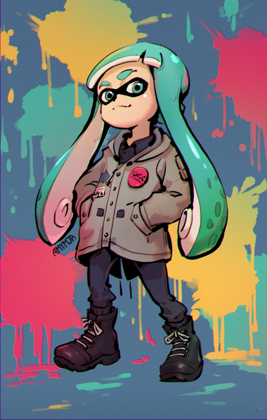 inkling player character and inkling girl (splatoon) drawn by amymja