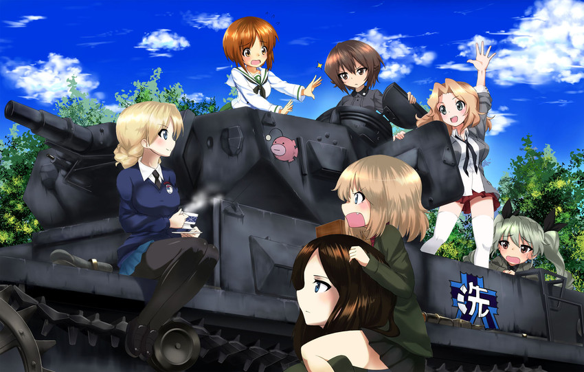 nishizumi miho, darjeeling, nishizumi maho, anchovy, kay, and 2 more (girls und panzer) drawn by youmou_usagi