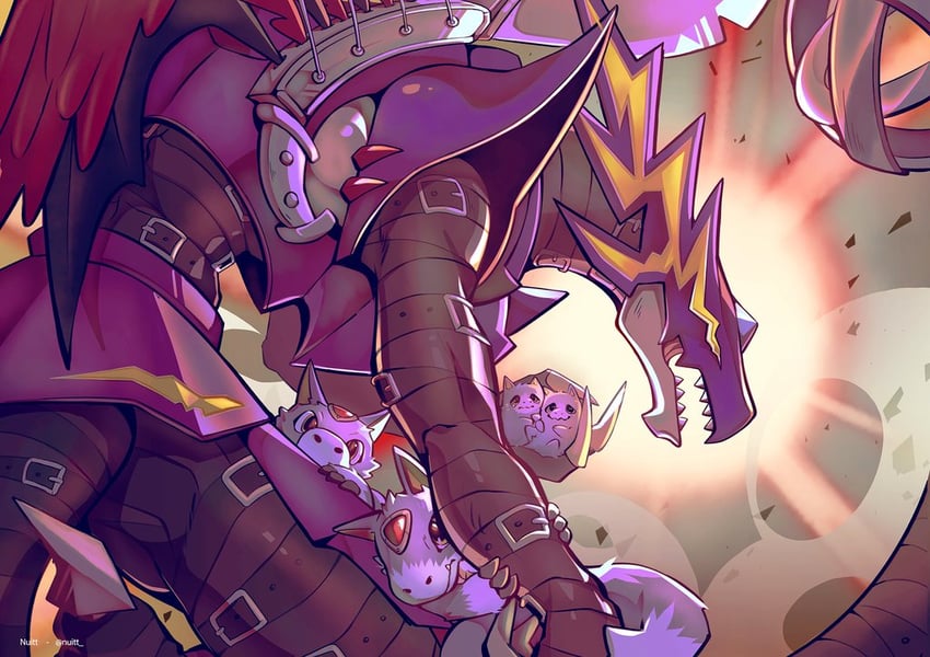dorumon, death-x-dorugoramon, and dorimon (digimon) drawn by nui_(nuitt)