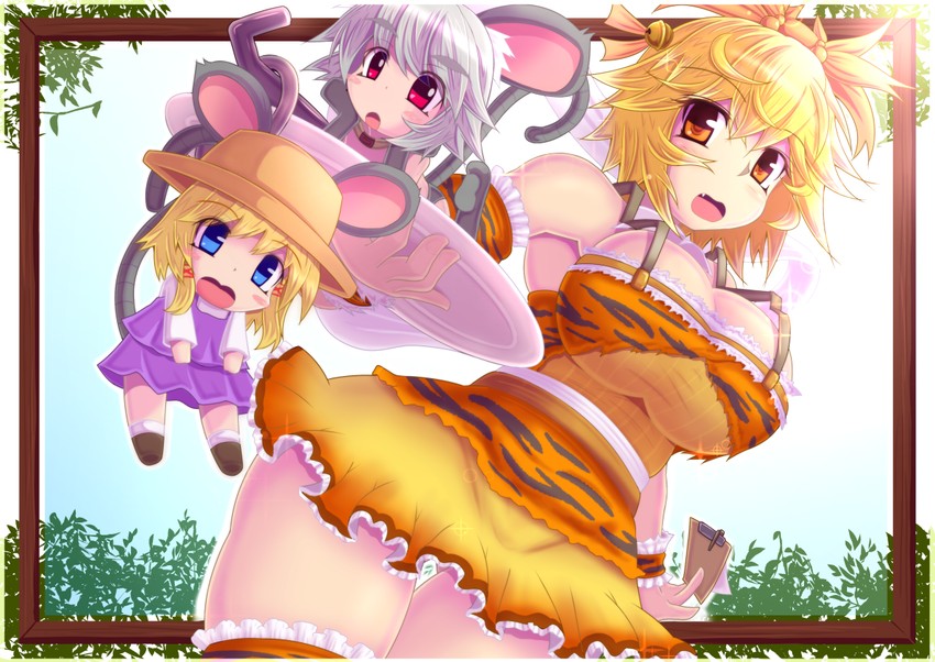 moriya suwako, nazrin, and toramaru shou (touhou) drawn by choujigen_nuko