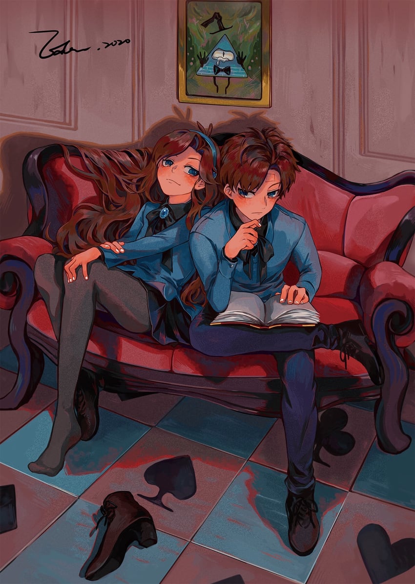 mabel pines, dipper pines, bill cipher, dipper gleeful, mabel gleeful, and 1 more (gravity falls and 1 more) drawn by eden_(eden871225)