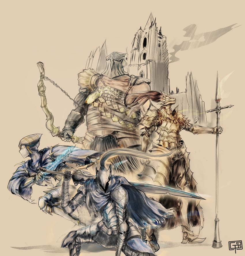 artorias the abysswalker, dragon slayer ornstein, lord's blade ciaran, and hawkeye gough (dark souls and 1 more) drawn by deoramaprasetio