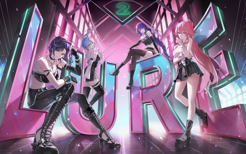 raiden shogun, yae miko, eula, and yelan (genshin impact) drawn by 0jae