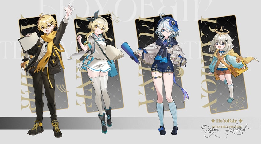 lumine, aether, furina, and paimon (genshin impact) drawn by hayama_eishi