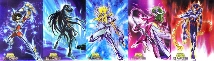 pegasus seiya, andromeda shun, dragon shiryuu, cygnus hyouga, and phoenix ikki (saint seiya) drawn by umakoshi_yoshihiko