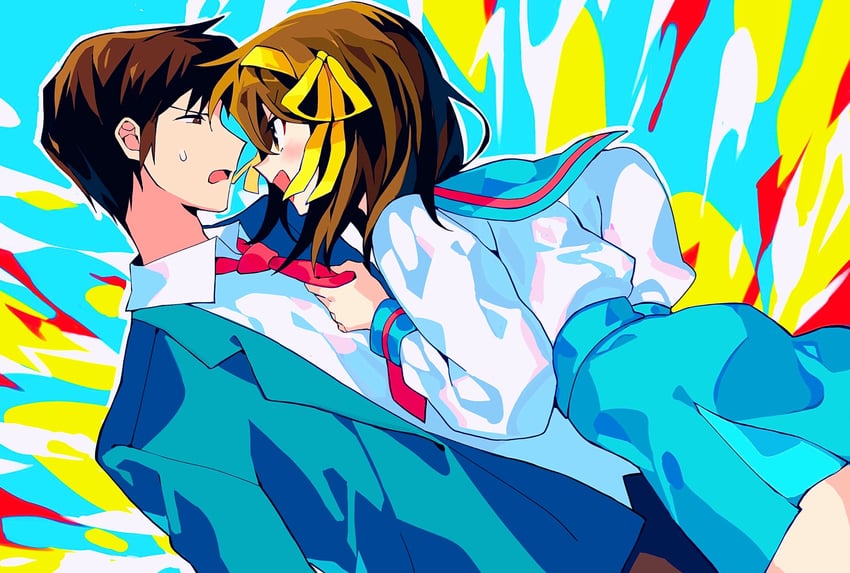 suzumiya haruhi and kyon (suzumiya haruhi no yuuutsu) drawn by mochoeru