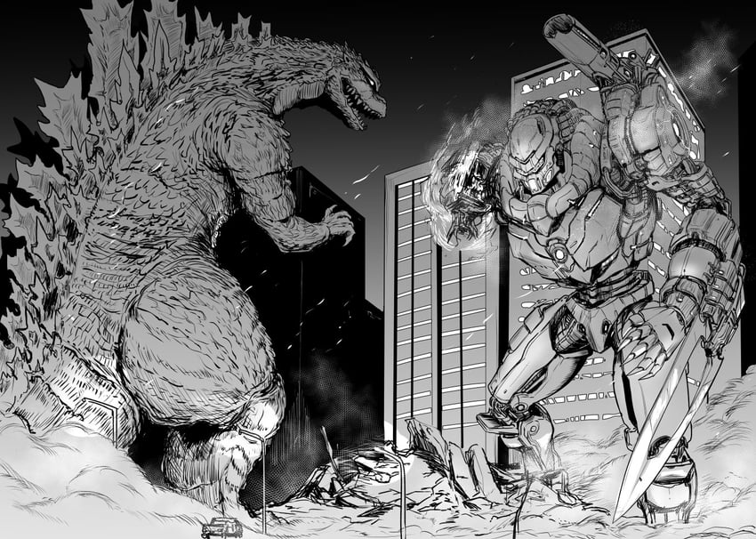 godzilla and predator (godzilla and 1 more) drawn by okamura_(okamura086)