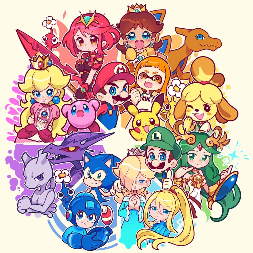 inkling player character, pikachu, inkling girl, pyra, kirby, and 16 more (pokemon and 12 more) drawn by marikyuunn