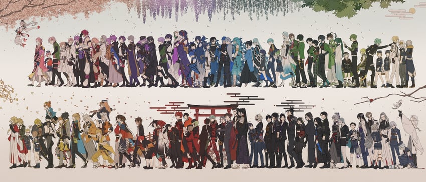 mikazuki munechika, kashuu kiyomitsu, yamato-no-kami yasusada, izumi-no-kami kanesada, horikawa kunihiro, and 52 more (touken ranbu) drawn by torinodesu4