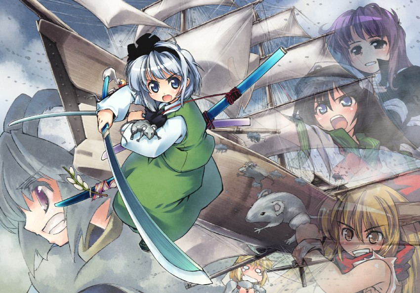 konpaku youmu, ibuki suika, nazrin, hijiri byakuren, toramaru shou, and 1 more (touhou) drawn by nanaroku_(fortress76)