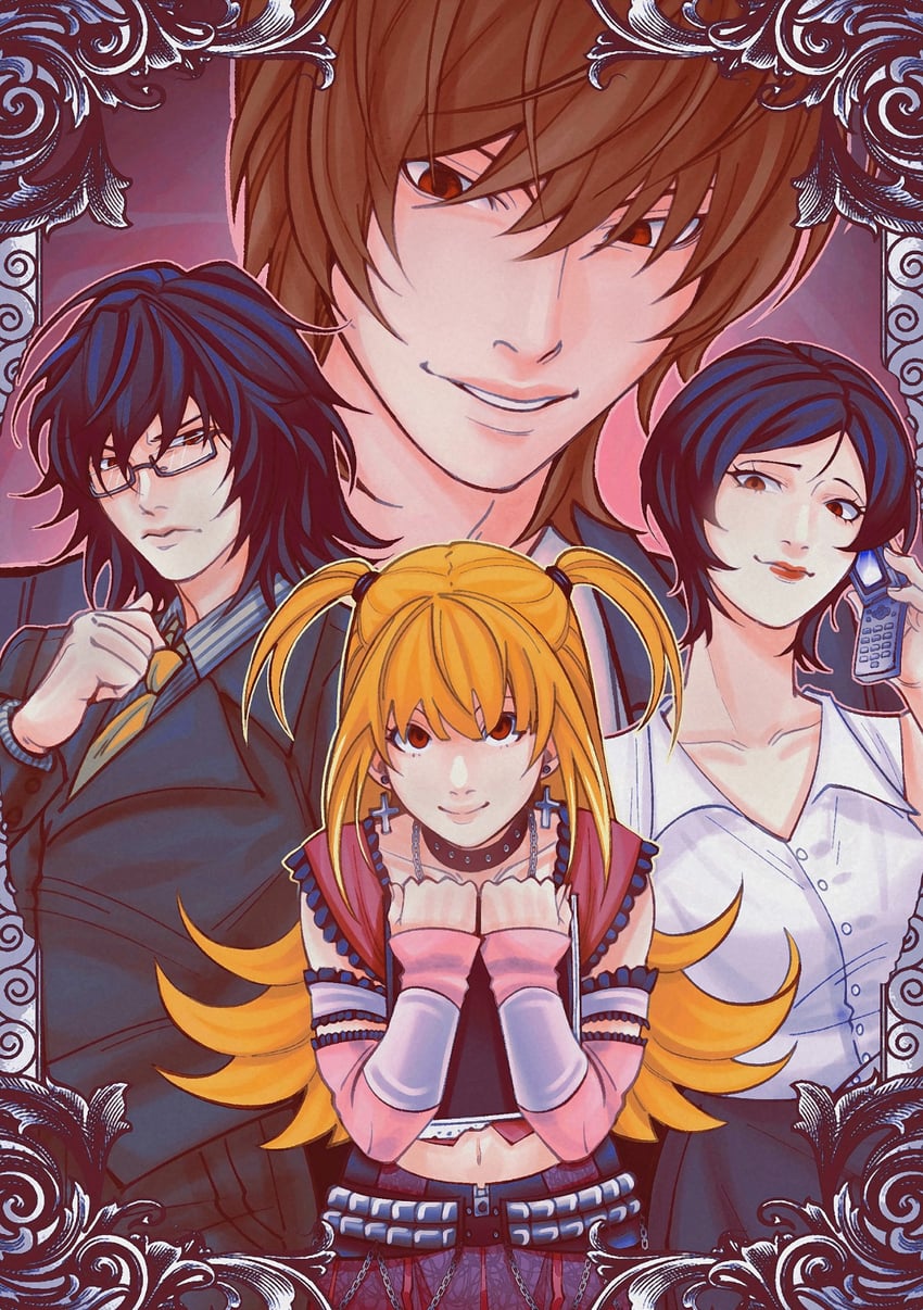 yagami light, amane misa, mikami teru, and takada kiyomi (death note) drawn by karlikurl