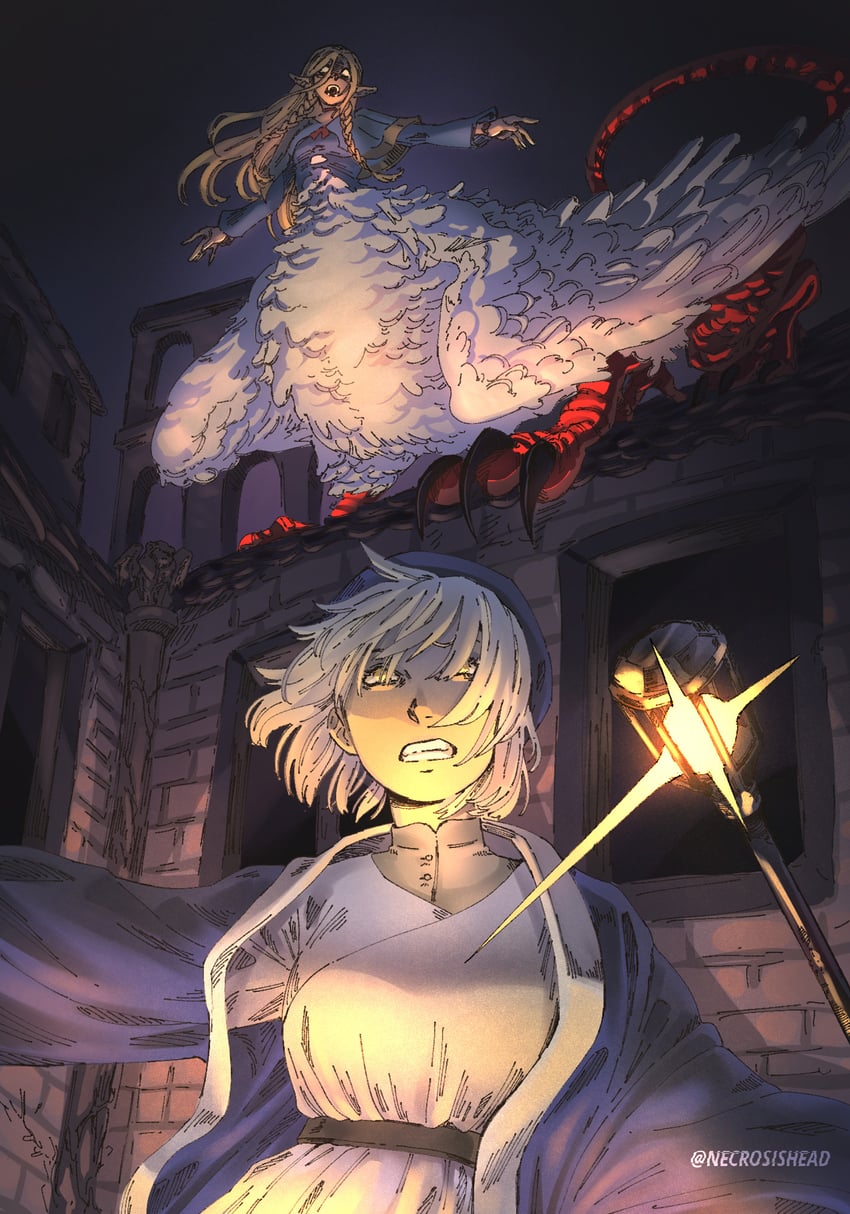 marcille donato and falin touden (dungeon meshi) drawn by necrosishead
