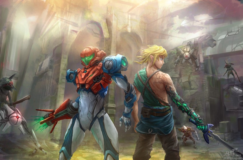 link, samus aran, bokoblin, and e.m.m.i. (the legend of zelda and 3 more) drawn by lehis