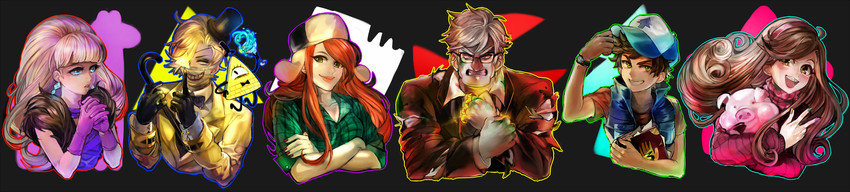 mabel pines, dipper pines, bill cipher, wendy corduroy, pacifica northwest, and 2 more (gravity falls) drawn by dominica_(gods_ghetto)