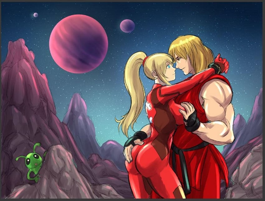 samus aran and ken masters (street fighter and 2 more) drawn by carlotus