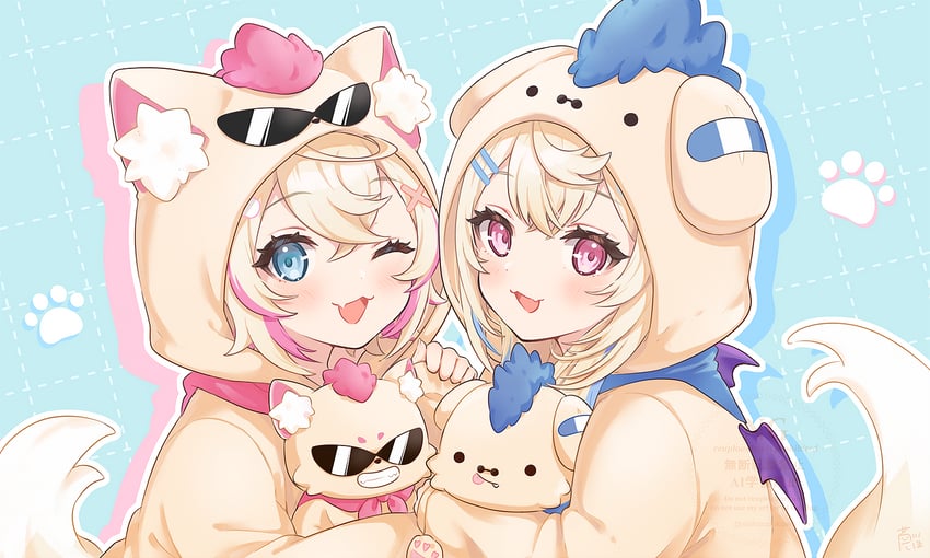 fuwawa abyssgard, mococo abyssgard, and ruffian (hololive and 1 more) drawn by ashikawa_shiho