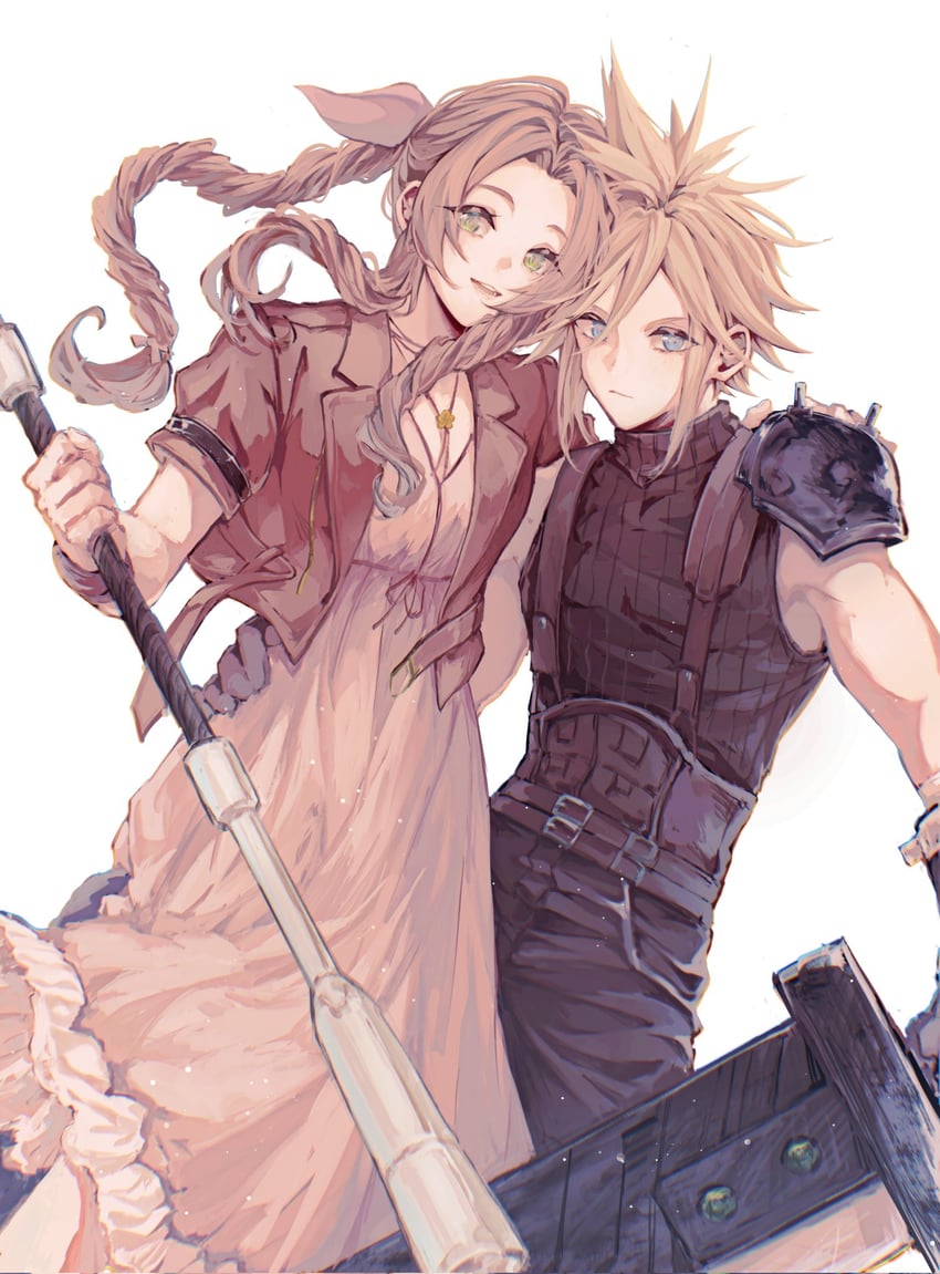 cloud strife and aerith gainsborough (final fantasy and 2 more) drawn by leanor_ff14