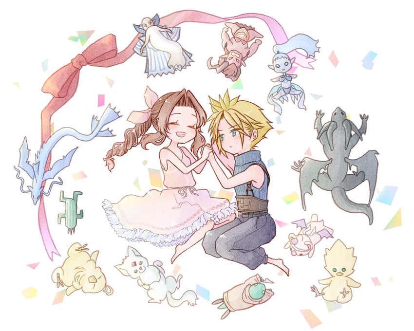 cloud strife, aerith gainsborough, moogle, sabotender, shiva, and 7 more (final fantasy and 2 more) drawn by bluelimbo8888