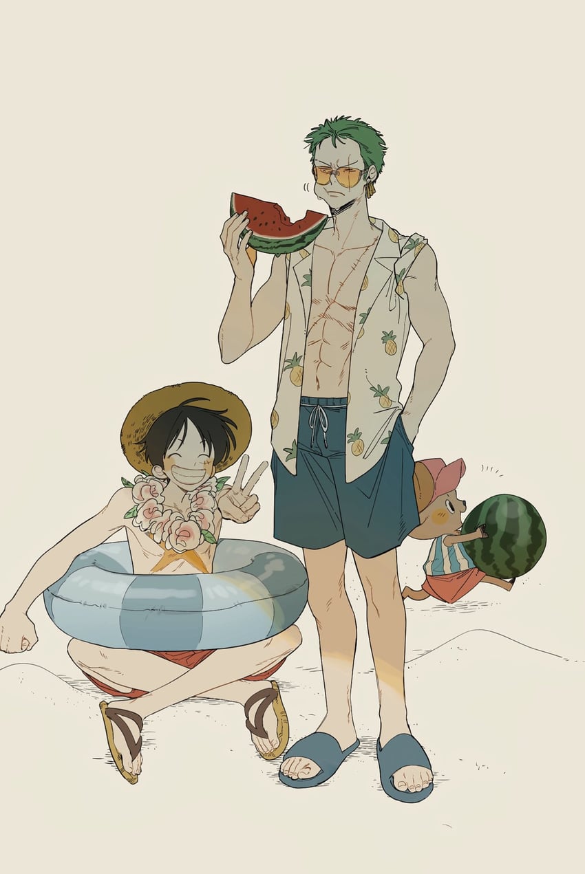 monkey d. luffy, roronoa zoro, and tony tony chopper (one piece) drawn by numata_(oioioioiai)