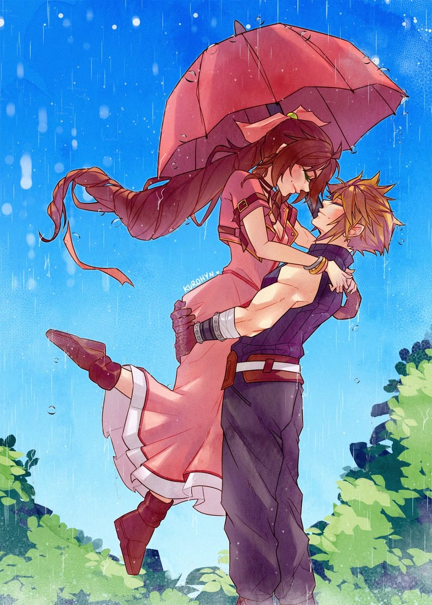 cloud strife and aerith gainsborough (final fantasy and 2 more) drawn by kurohyn