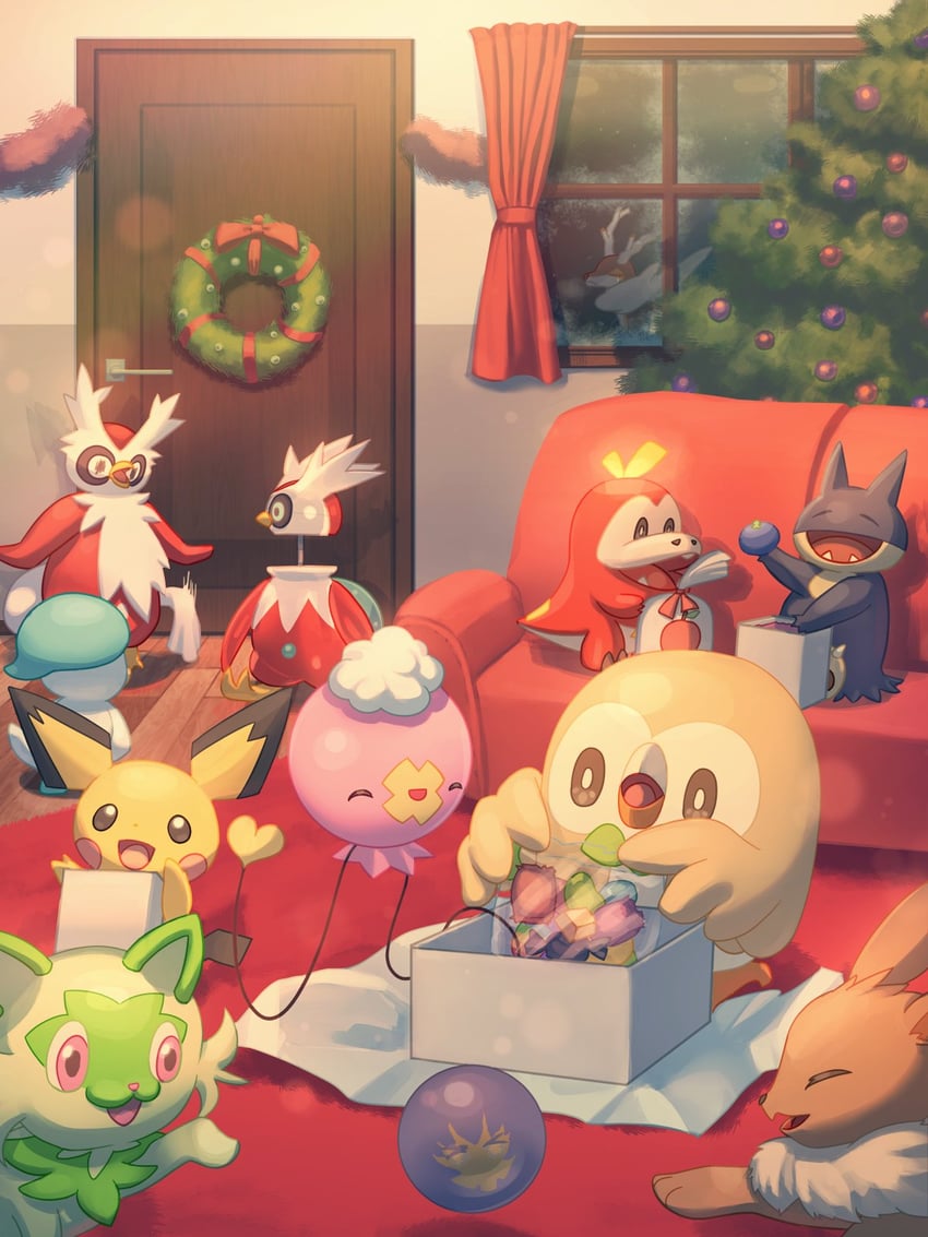 eevee, rowlet, sprigatito, pichu, fuecoco, and 5 more (pokemon) drawn by mokukitusui