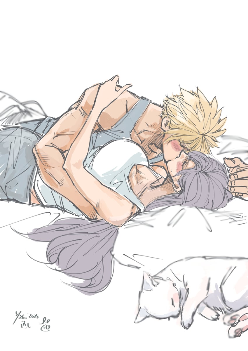 tifa lockhart, cloud strife, and maru (final fantasy and 1 more) drawn by emonekaku