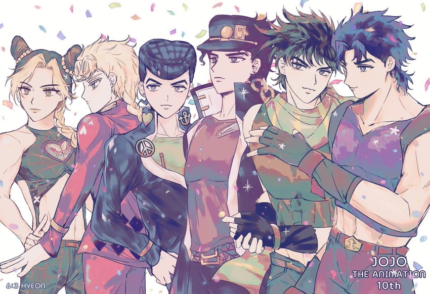 joseph joestar, kujo jotaro, kujo jolyne, giorno giovanna, jonathan joestar, and 1 more (jojo no kimyou na bouken and 6 more) drawn by hyeon_0613